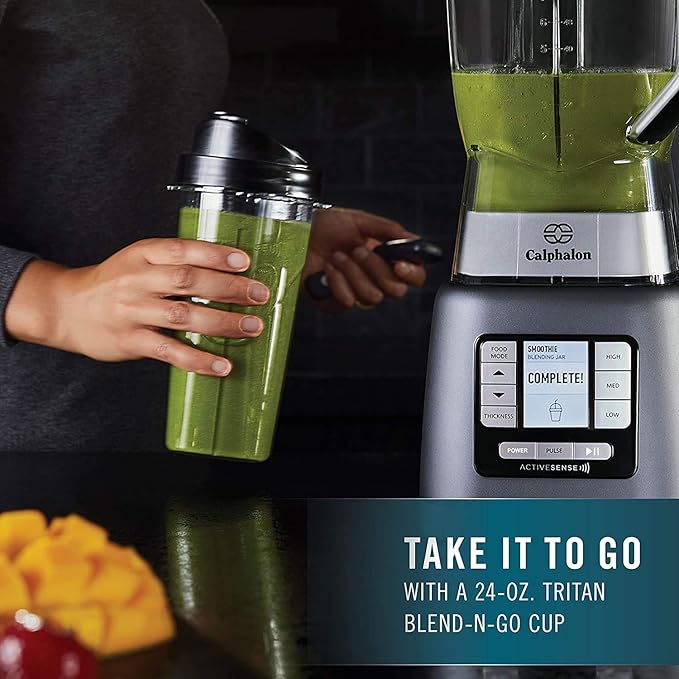Calphalon Blender, 24-Oz Portable Blend-n-Go Smoothie Cup, ActiveSense 1200-Watt Motor, Dark Stainless Steel