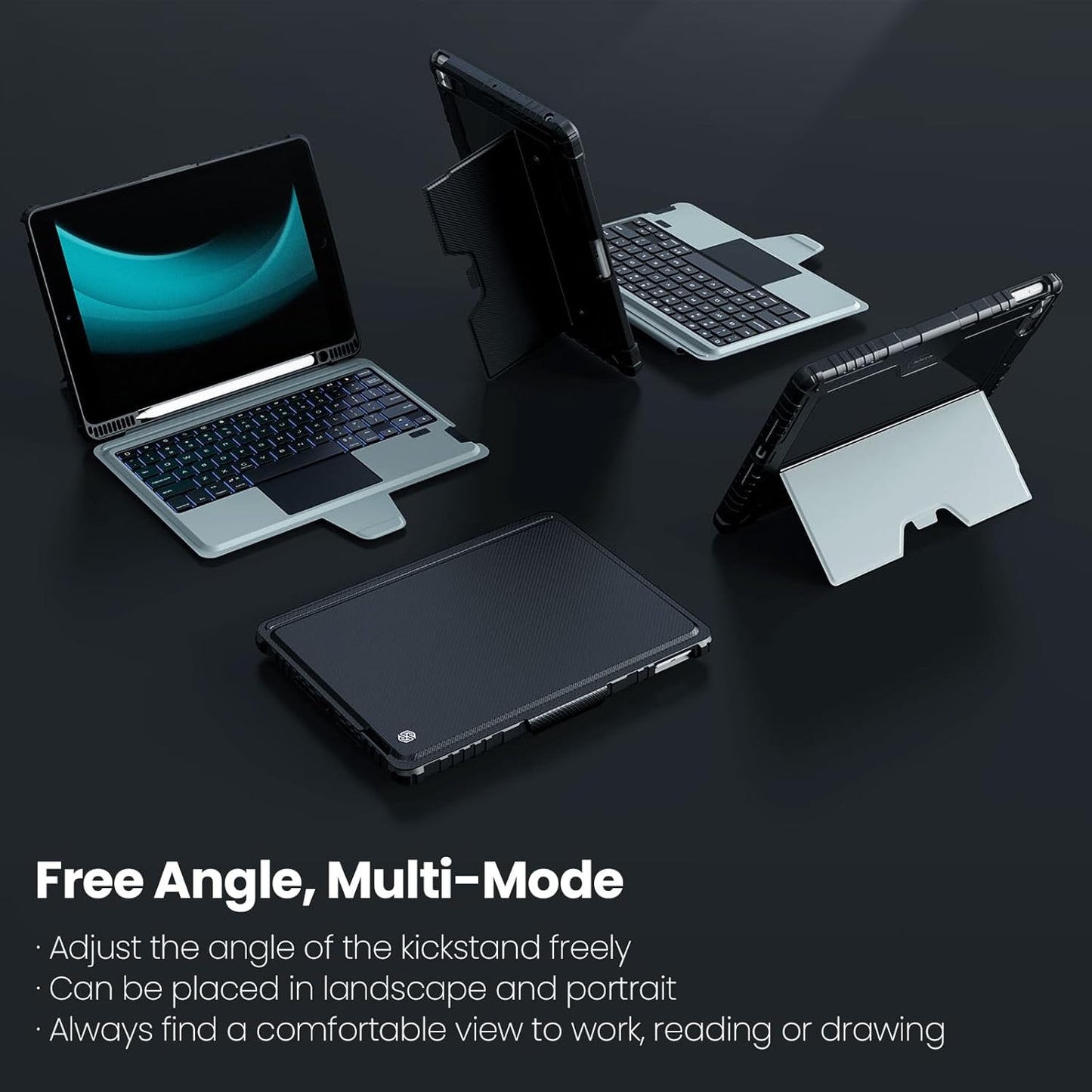 Nillkin iPad 9th Generation (10.2", 2021) Case with Detachable Keyboard, Magic Trackpad, 7-Colors Backlit, Portrait/Landscape Modes, Rugged Keyboard Case with Camera Cover for iPad 8th/7th Gen, Black