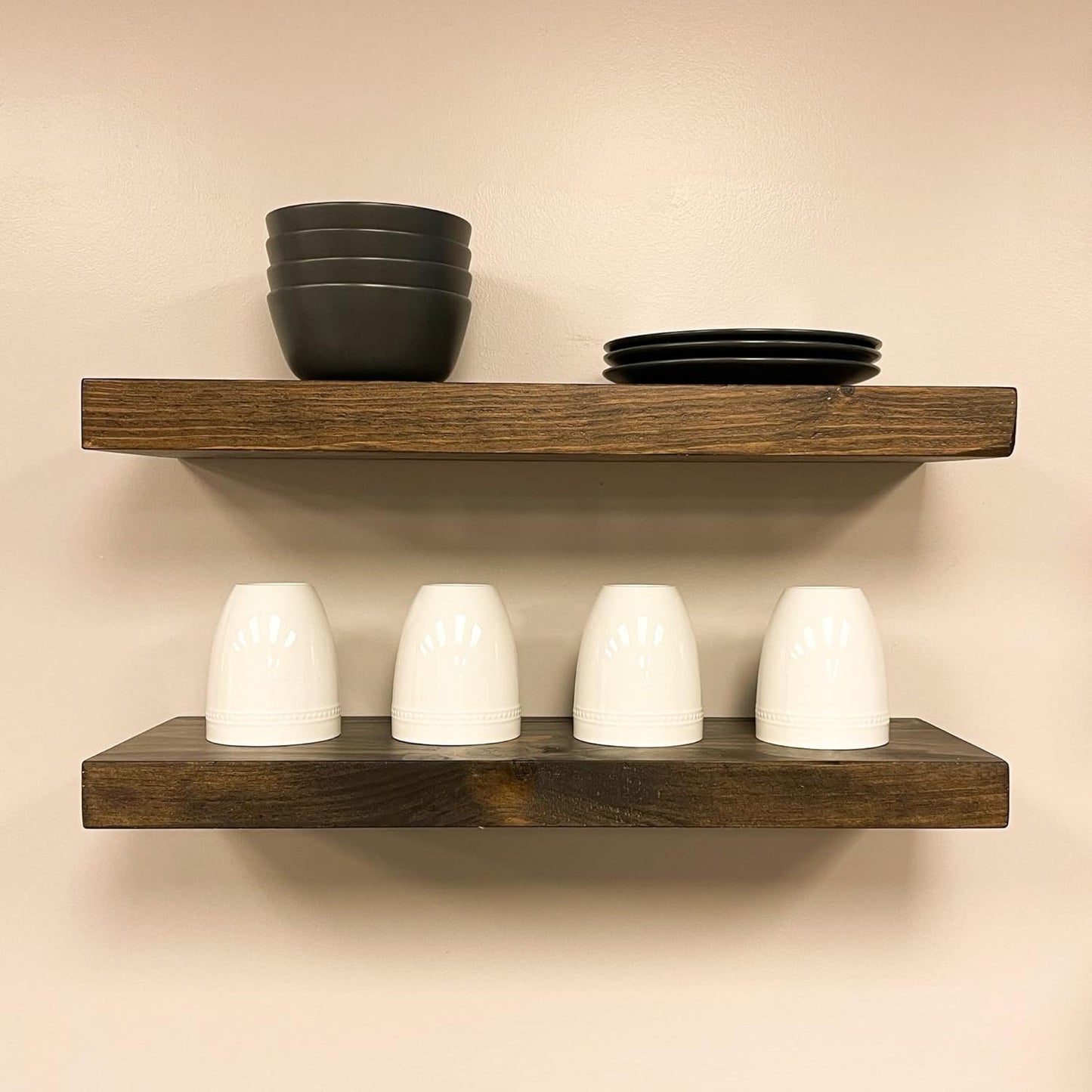 URBANDI, Rustic Floating Shelves, Set of 2, Hidden Bracket, Solid Wood, Heavy Duty, Wall Mounted Shelves, (Dark Brown, 48Wx6D)
