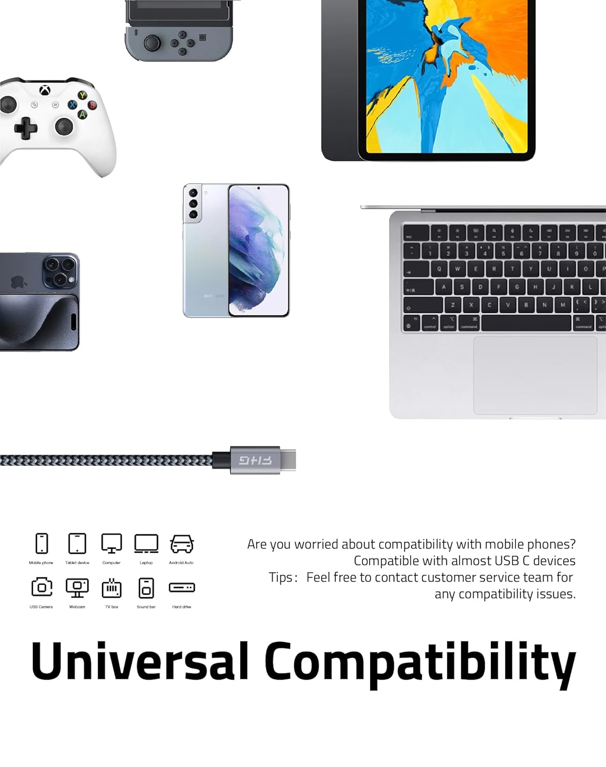 FHG USB C to USB C Cable 3.3FT 2Pack, PD 60W/3A USB C to USB C Fast Charging Cable from 20% to 90% in 30mins, 5Gbps USBC Data Cable, Nylon Braided Compatible for Samsung Galaxy S23/iPhone 15