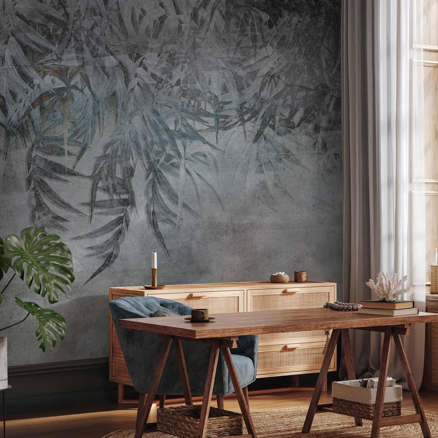 artgeist Premium Wall Mural Leaves 138x101 in - XXL Non-Woven Wallpaper Fleece Wall Decor Photo Print Picture Image Design Palm Leaves Concrete Nature Grey b-C-10103-a-a