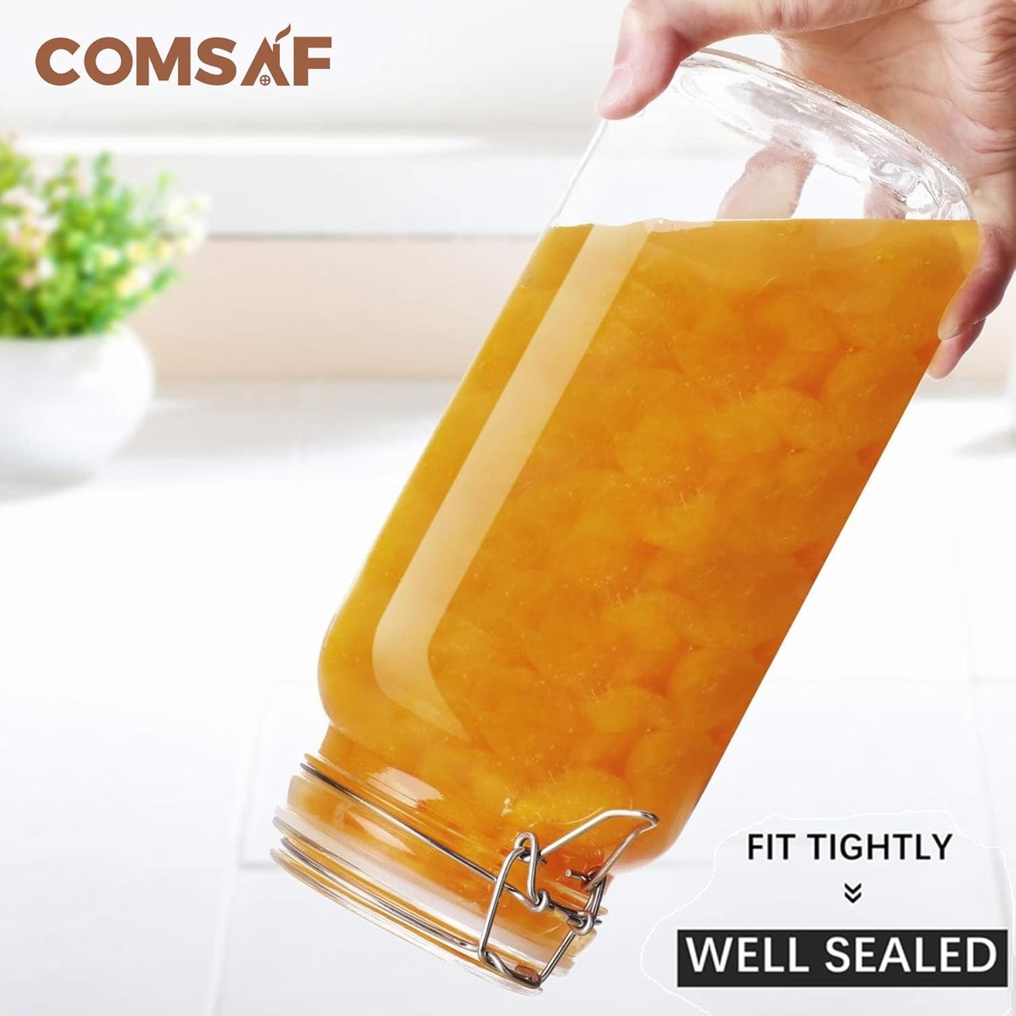 ComSaf Airtight Glass Canister Set of 3 with Lids 78oz Food Storage Jar Square - Storage Container with Clear Preserving Seal Wire Clip Fastening for Kitchen Canning Flour, Cereal, Pasta, Sugar, Beans