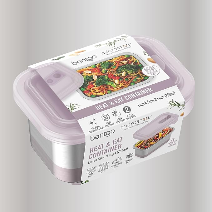 Bentgo MicroSteel Heat & Eat Container – Microwave-Safe, Leak-Proof & Airtight, Easy-to-Clean Lightweight Stainless Steel Reusable Food Storage with Silicone Lid (Lunch Size; 3-Cup Capacity; Dusk)