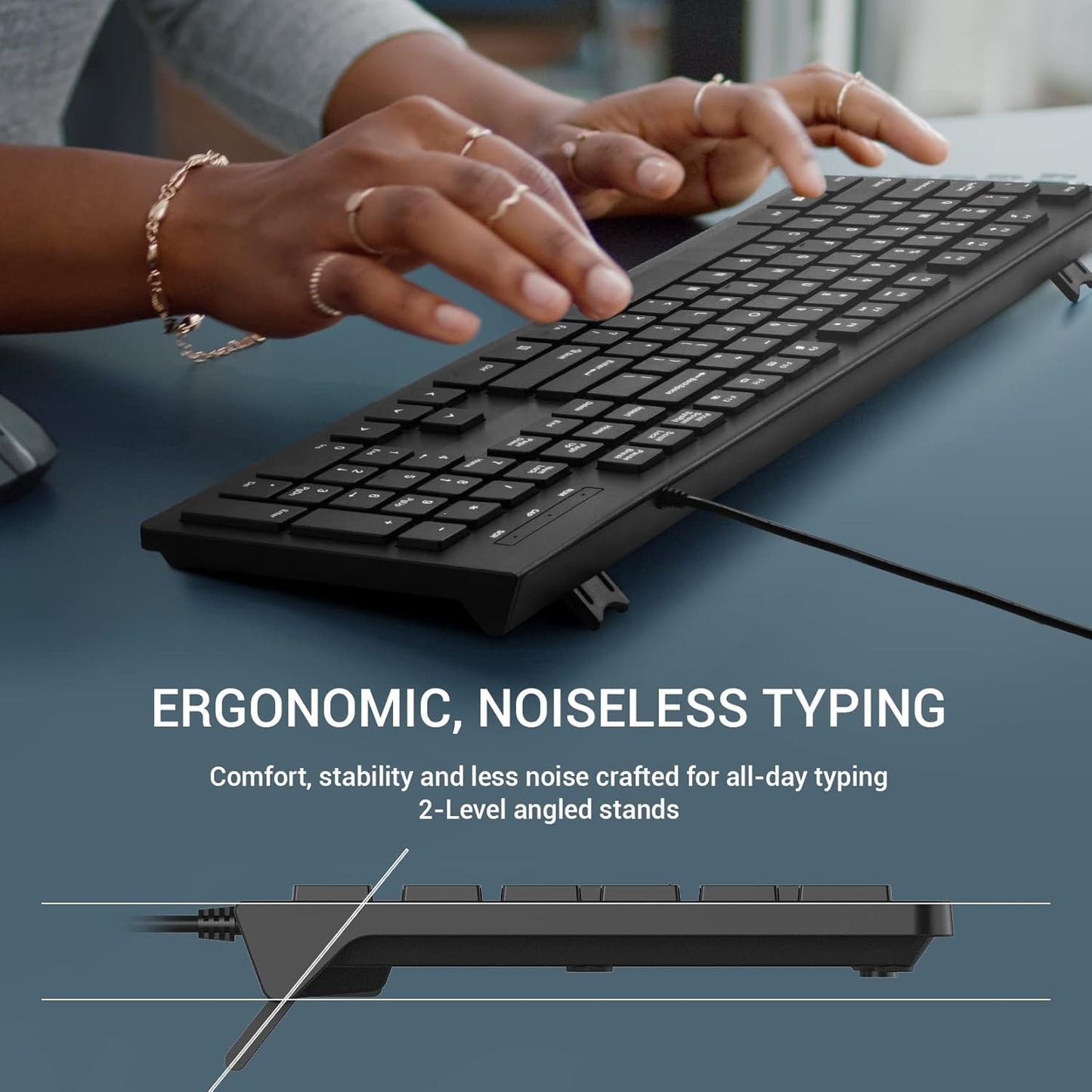 Computer Keyboard Wired, Plug Play USB Keyboard, Low Profile Chiclet Keys, Large Number Pad, Caps Indicators, Foldable Stands, Spill-Resistant, Anti-Wear Letters for PC Laptop (Black, 2-Pack)