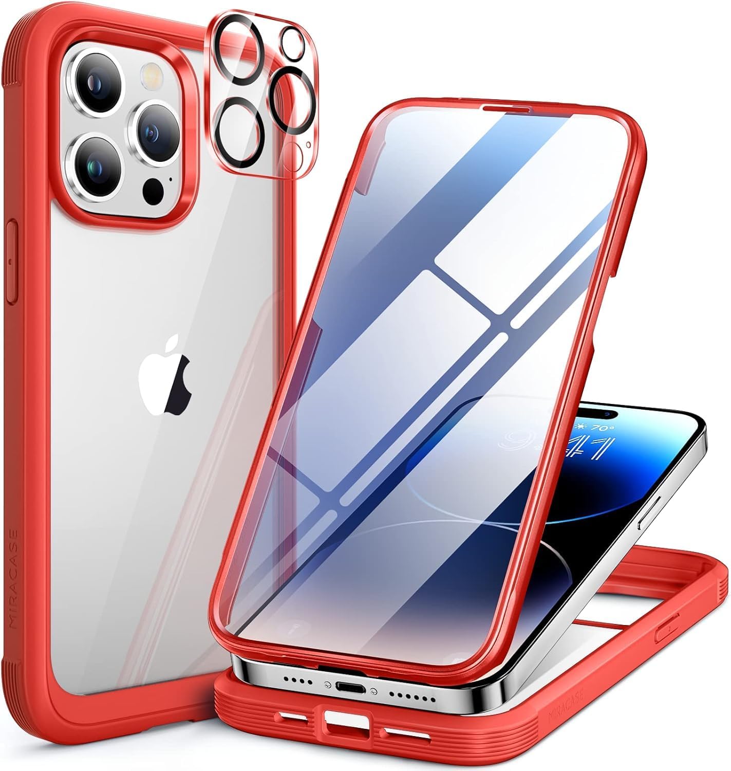 Miracase for iPhone 15 Pro Max Case Full-Body Bumper Phone case with Built-in Glass Screen Protector& Camera Protector, Military Drop Proof 15 Pro Max Cover, Red