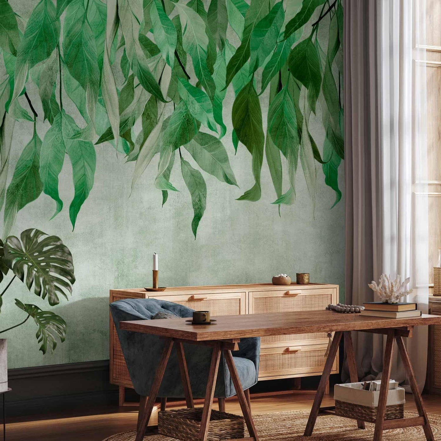 artgeist Premium Wall Mural Hanging Leaves 138x101 in - Non-Woven Wallpaper Fleece Wall Decor Photo Print Picture Image Design Nature Botanical Concrete Green Like Painted b-C-10146-a-a