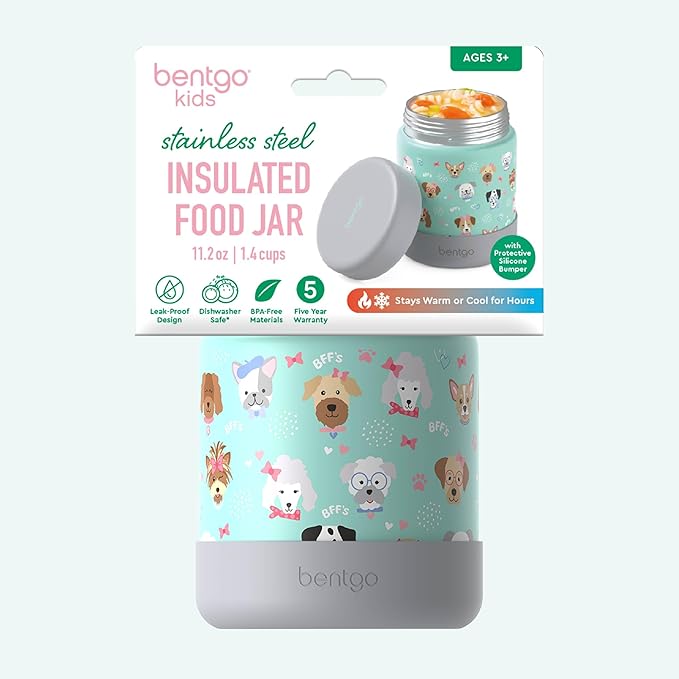 Bentgo Kids Stainless Steel Food Jar - 11oz Leak-Proof Double Insulated Hot or Cold Food Container with Removable Silicone Bumper, Dishwasher Safe, Easy Open Lid, Ages 3+ (Puppy Love)