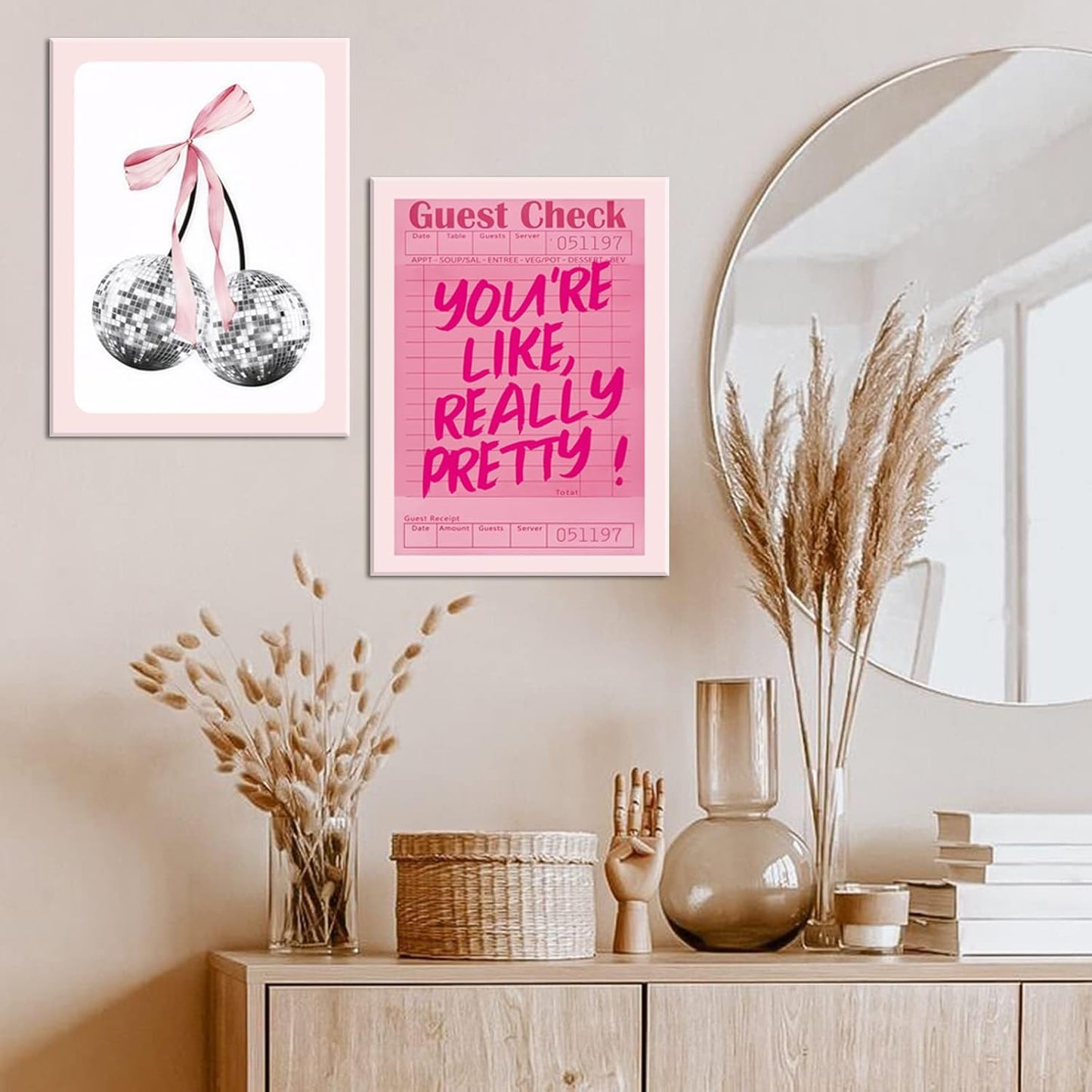 Pink Preppy Wall Art Framed Set of 3 Trendy Coquette Disco Cherry Posters Retro Guest Check Canvas Prints Poker Painting Positive Quote Pictures Room Decor Aesthetic for Girls Bedroom Dorm 16x24in