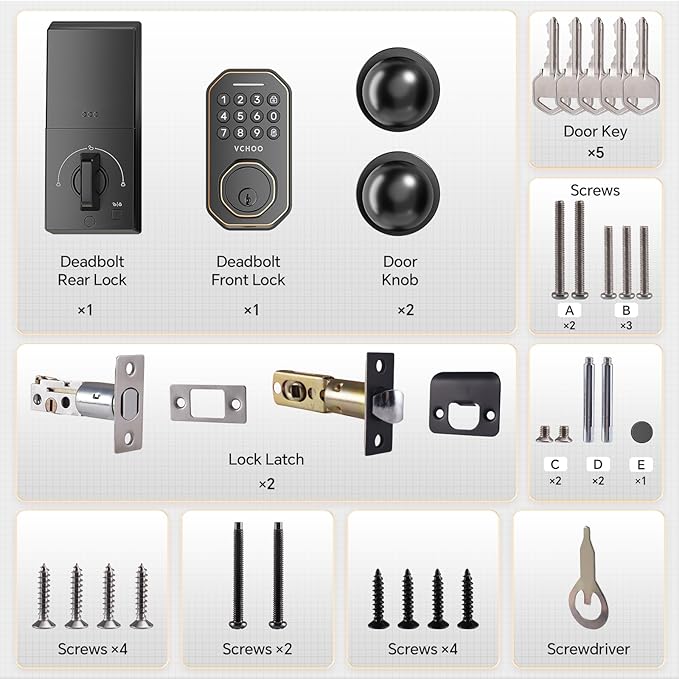 Keyless Entry Door Lock Set WiFi Smart App Control Door Lock for Front Door Keypad Deadbolt with 2 Knobs Auto Lock One Time Codes Easy Install, Bronze