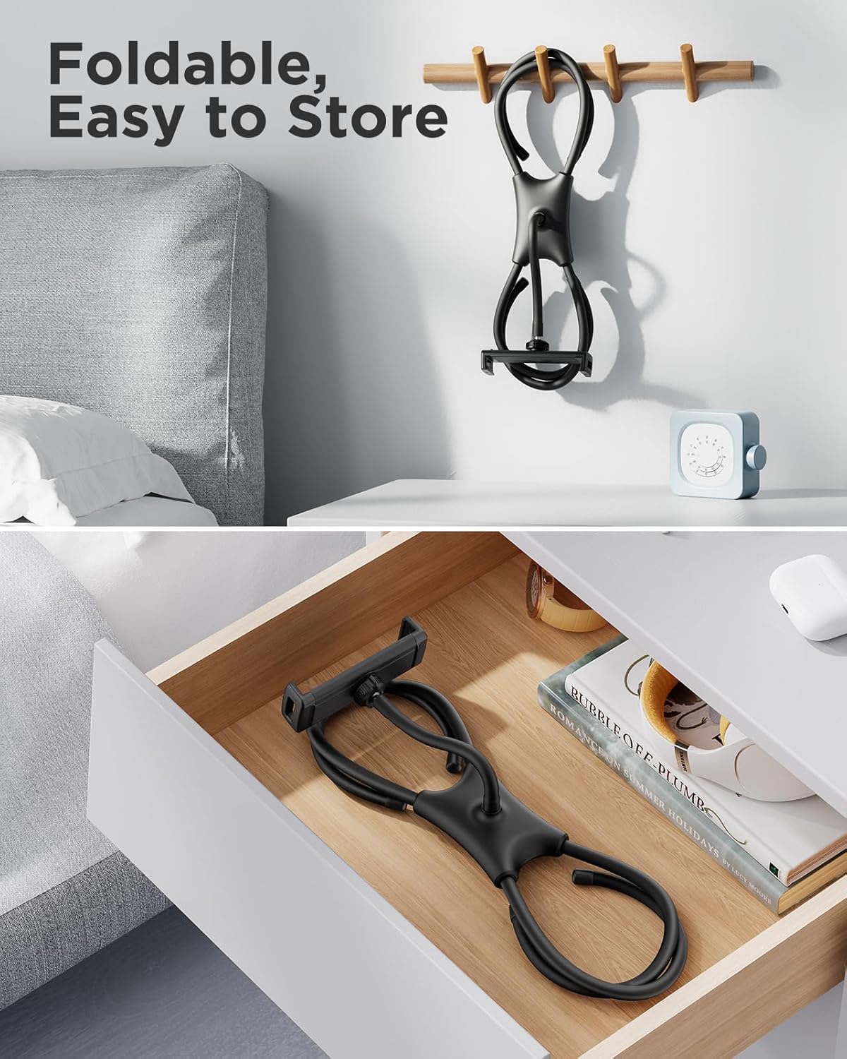 SAIJI iPad Stand, Adjustable Ergonomic Tablet Holder for Bed, Kindle Stand for Reading in Bed Fit for Tablet, Phone, Kindle, Portable Monitor, Switch and More 4.7"-17.3" Devices (Black)