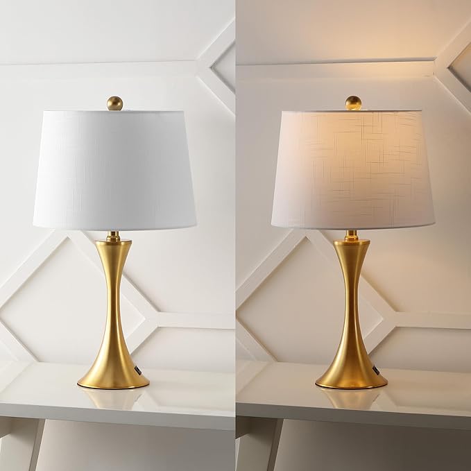 JONATHAN Y 22.75" Brass Gold Modern Hourglass LED Table Lamp Set of 2 with USB Port, Metal Bedside Lamps for Living Room Bedroom, White Linen Shade JYL6621A-SET2