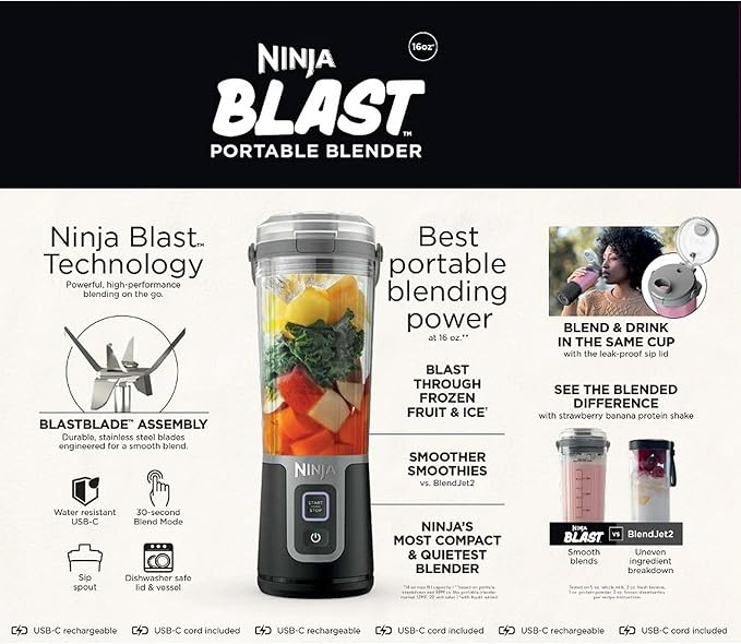 Ninja Blast 16 oz. Personal Portable Blender with Leak Proof Lid and Easy Sip Spout, Perfect for Smoothies, Cordless, USB-C Rechargeable, Dishwasher Safe Parts (Renewed) (Black)