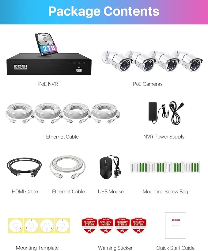 ZOSI 8CH 4K PoE Home Security Camera System, 8 Ports 16CH 8MP NVR with 2TB HDD, 4pcs 5MP Outdoor PoE IP Cameras, 120ft Night Vision, Motion Detection, Remote Access, for 24/7 Recording