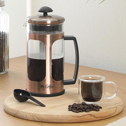 Mr. Coffee Daily Brew French Press Coffee Maker, 30-Ounce Glass Carafe with High Heat Resistant Durable Borasilicate Glass & Copper Metal Frame and Plunger, Includes Coffee Scoop
