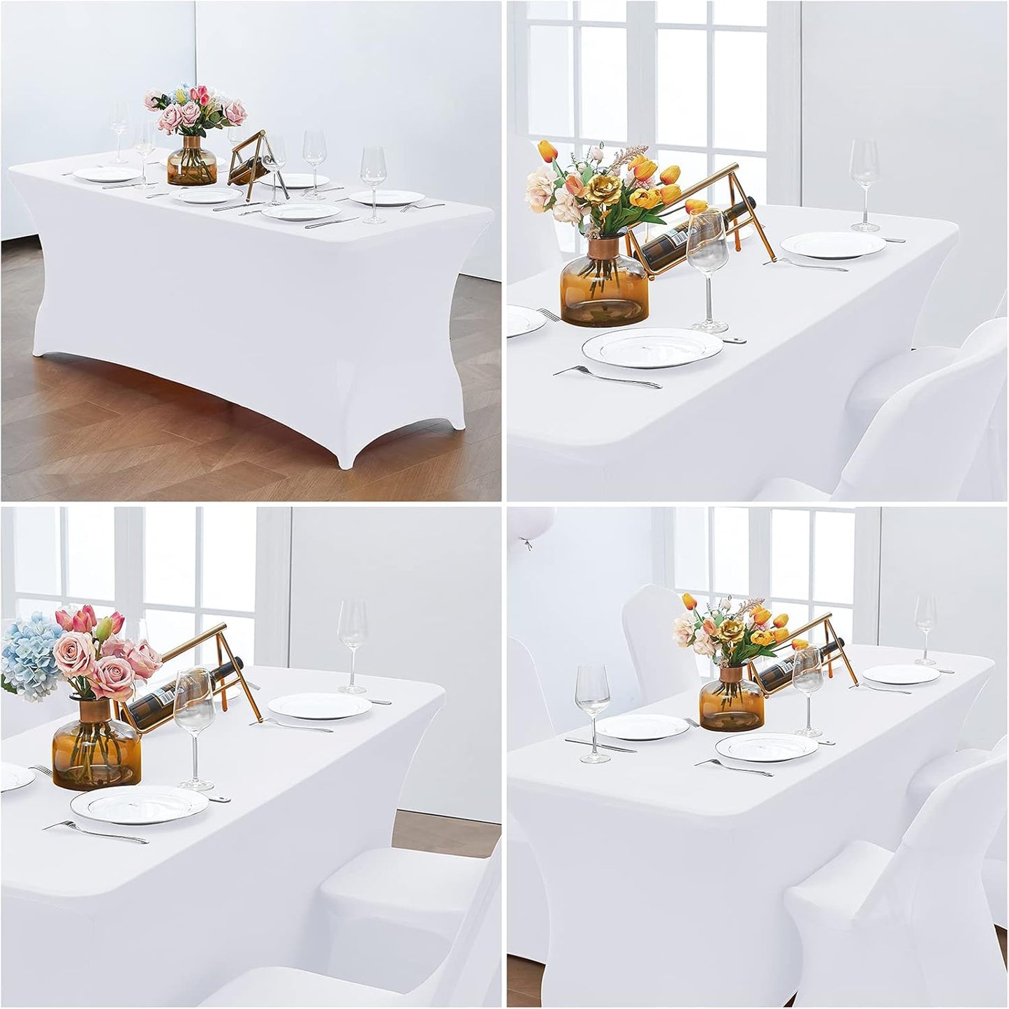 CWK 4FT Waterproof Stretch Spandex Table Cover for Rectangular Tables - Elastic Fitted Tablecloth for Folding Tables,Wrinkle Resistant Table Cloth for Parties, Weddings, Banquets & Events (White)