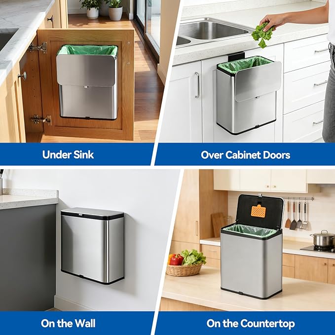 Compost Bin Kitchen, 2.1 Gallon Stainless Steel Trash Can with Lid for Countertop or Under Sink, Hanging Small Trash Bin, Removable Inner Bucket, Built-in Filter, 60 Compostable Garbage Bags