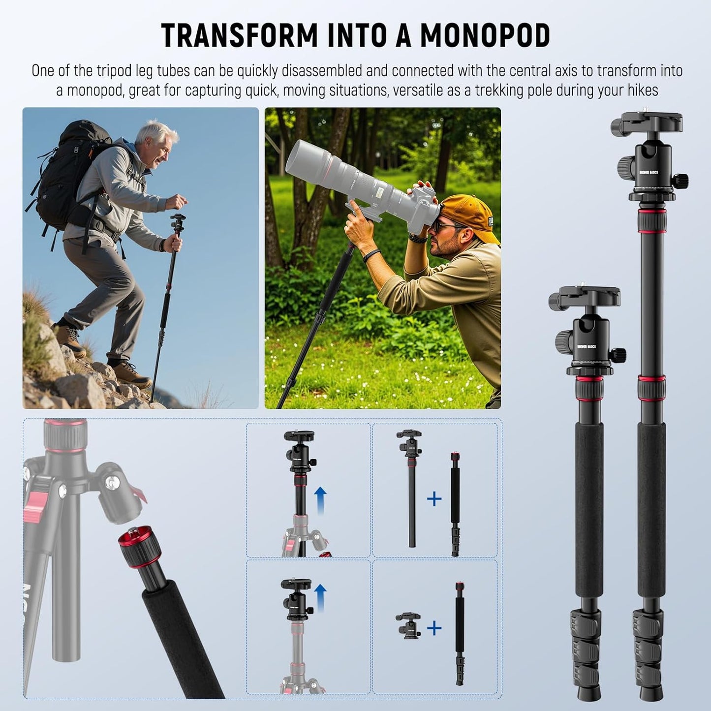 NEEWER Basics Camera Tripod Monopod, 71" Aluminum Heavy Duty Portable Travel DSLR Cell Phone Stand with 360° Ball Head Cellphone Holder Mount Compatible with iPhone for Filming Video Recording, TP15