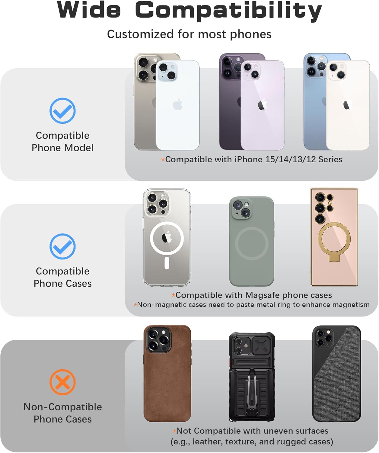 Magnetic Phone Grip, Removable Loop Grip with Soft Finger Strap, Silicone Phone Ring Holder for Back of Phone for iPhone 16/15/14/13/12 Pro Max/Plus, Black