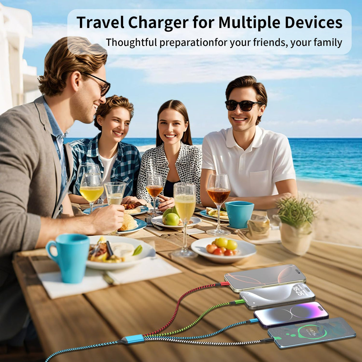 Travel Dual Type-C 4 in 1 Charging Cable, USB C Multi Charging Cable Multi Charging Cable for Multiple Devices, Phone Charging Cable Adapter 2 USB-C/IP/Micro Port for Phones Tablets Galaxy PS & More