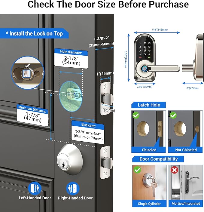 Veise RZ09 Smart Lock, 7-in-1 Keyless Entry with Handle Set, APP Control Fingerprint Deadbolt for Front Door, Electronic Digital Locks with Keypad, Satin Nickel