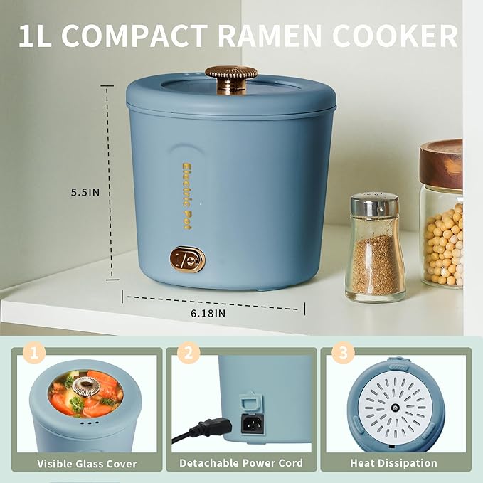 Hot Pot Electric, 1L Mini Ramen Cooker, 450W Rapid Noodles Cooker, Multifunctional Electric Pot for Cooking Pasta, Soup, Portable Pots with Over-Heating Protection for Dorm, Office, Travel