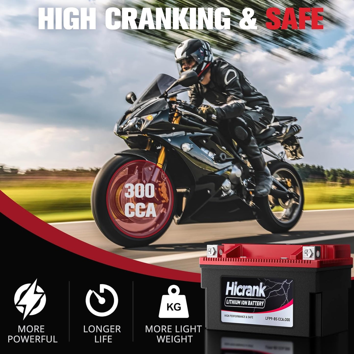 YTX9-BS, 2X Cranking Power, 5X Life, Lithium LiFePO4 Motorcycle Battery, 280 CCA, Digital Readout,Powersports Battery,Fits for ATV,UTV,4 Wheeler,Seadoo,Polaris,Lawn Mower,Generator