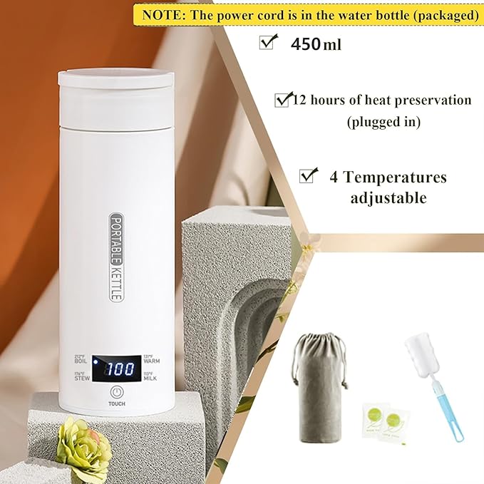 Electric Travel Kettle, Portable Kettle for Trave, Small Electric Tea Kettle, with 4 Variable Presets, Personal Hot Water Boiler, 450ML- 304 Stainless Steel (White)