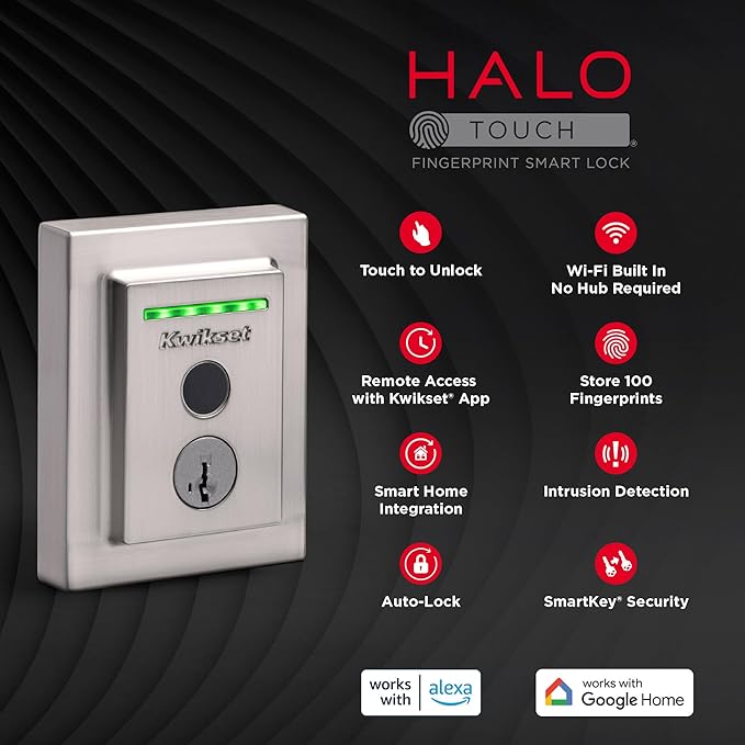 Kwikset Halo Touch Fingerprint Wi-Fi Smart Lock, Keyless Entry Door Low Profile Deadbolt, Geofence Auto-Unlock, Grade AAA Certified, No Hub Easy Install, Satin Nickel Lifetime Finish Warranty, Square