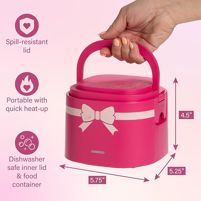 Paris Hilton Electric Lunch Warmer, 20-Ounce Stainless Steel Portable Food Container With Sealing Lid, Removable 2.5-Cup Inner Dish, Bow Front Decal, Hot Pink