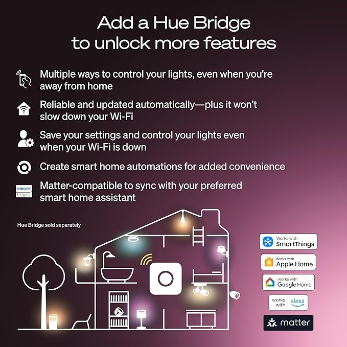 Philips Hue Smart LED A19 Bulb 4-Pack, Warm White Light 2700K, E26 Base, 9W, 810 Lumens, Dimmable, Works with Alexa, Google Assistant, and Apple Home