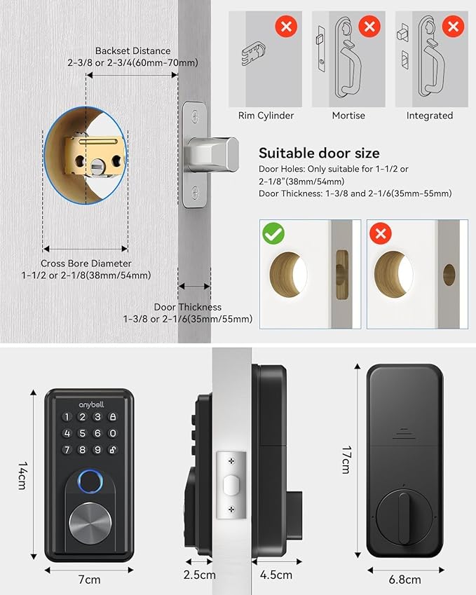 Smart Door Lock, ANYBELL Keyless Entry Door Lock Fingerprint with Keypad Smart Deadbolt for Home, Rental, Office and Hotel TUYA Remote Control, Black