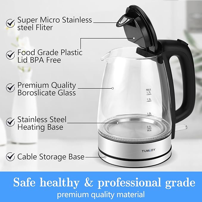 Glass Electric Kettle,1.7L Hot Water Boiler LED Lights, Comfy Touch Handle Wide Opening Cordless Tea Heater for making Tea Coffee (12872)