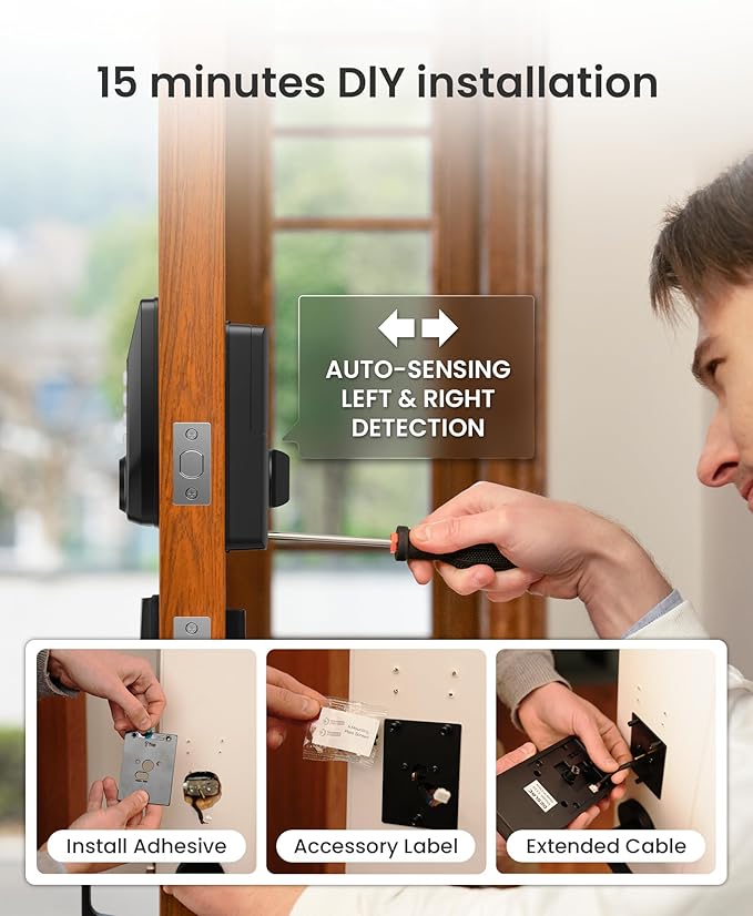 DESLOC C110 Keyless Entry Door Lock with Fingerprint - Smart Deadbolt Lock for Front Door with 2 Keys - Auto Lock - Easy Installation, 100 PIN Codes, IP54 Waterproof, BHMA Grade 3, Black