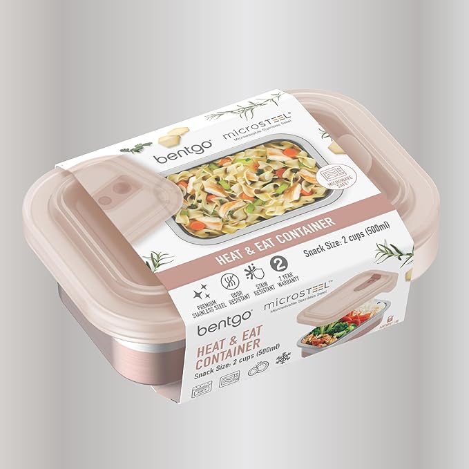 Bentgo MicroSteel Heat & Eat Container – Microwave-Safe, Leak-Proof & Airtight, Easy-to-Clean Lightweight Stainless Steel Reusable Food Storage with Silicone Lid (Snack Size; 2-Cup Capacity; Rose)