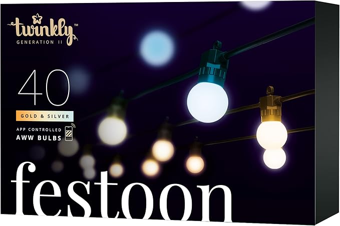 Twinkly Festoon App-Controlled LED Bulb Outdoor String Lights w/ 40 AWW (Warm to Cool White) LEDs, 65.6 ft Patio Lights, Outside Lights w/Black Cable. Smart Indoor Outdoor Lights Decoration