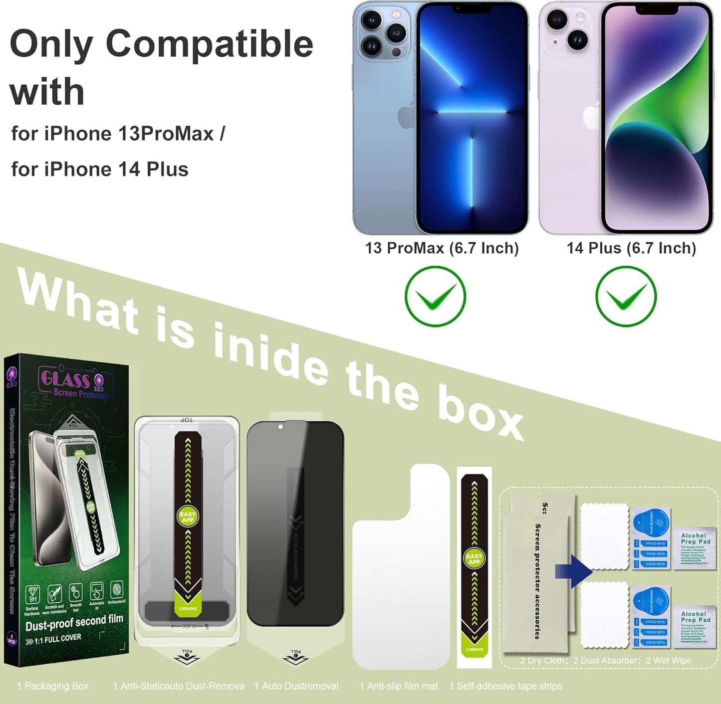 (2-Pack Anti-Spy Privacy Screen Protector for iPhone 13 Pro Max/14 Plus(6.7-Inch),9H Tempered Glass,Full Coverage,Anti-Fingerprint,Auto Dust Removal,Bubble-Free,Easy Installation