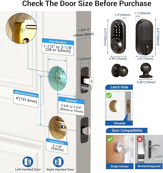 Veise RZ06C Smart Locks for Front Door, 2 Knob Handle Set, Keyless Entry Deadbolt, App Control, Electronic Touchscreen Digital Keypad, Auto Lock, Easy Installation, IP54 Waterproof, Matte Black