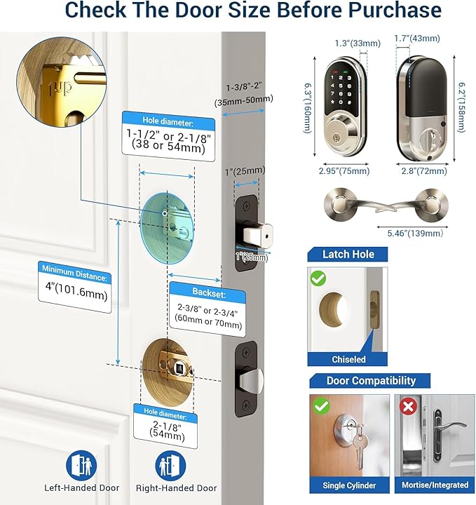 Veise RZ06B Smart Lock for Front Door, 2 Lever Handle Set, Keyless Entry Deadbolt, App Control, Electronic Digital Touchscreen Keypad, Auto Lock, IP54 Waterproof, Easy Installation, Satin Nickel