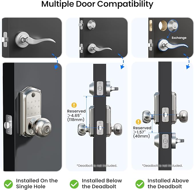 Veise VE018 Smart Knob Handle Lock - Fingerprint, App Control, Keyless Entry for Front Door and Bedroom, Electronic Digital Keypad, Auto Lock, Remote Access Sharing, IP55 Weatherproof, Satin Nickel