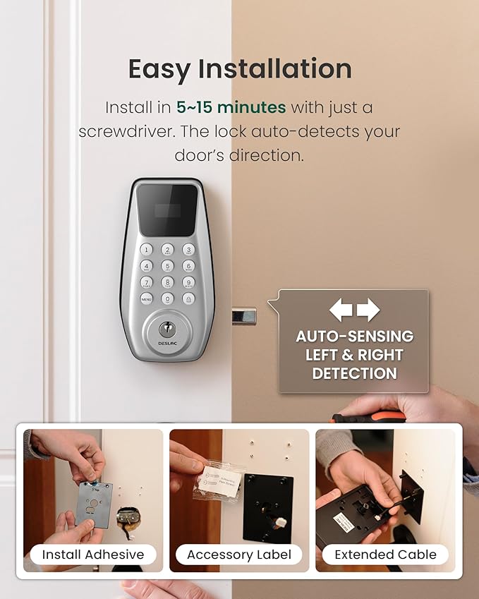 DESLOC C100 Keyless Entry Door Lock with Handle Set, Smart Deadbolt Lock for Front Door with 2 Keys, Auto Lock, 100 PIN Codes, Passage Mode, IP54 Waterproof, 12 Months Battery, Sliver