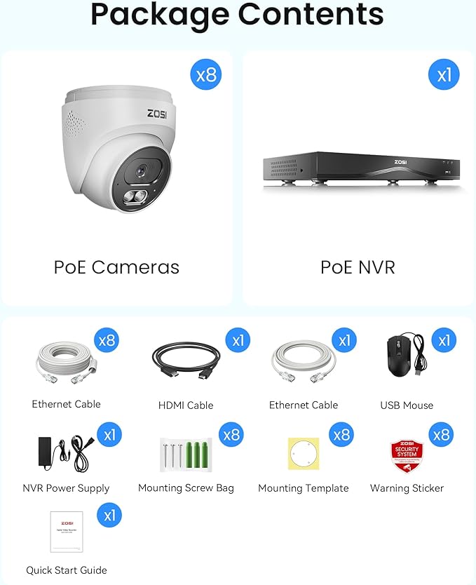 ZOSI C220 4K 8MP 16CH POE NVR Security Camera System (32CH Expandable), 8 x 8MP PoE IP Cameras Outdoor Indoor, 24/7 Recording, AI Human/Vehicle/Face Detection, Two-Way Talk, Night Vision, 4TB HDD