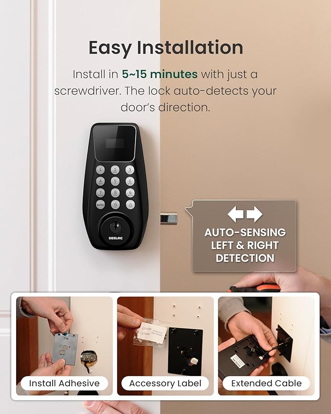 DESLOC C100 Keyless Entry Door Lock with Handle Set, Smart Deadbolt Lock for Front Door with 2 Keys, Auto Lock, 100 PIN Codes, Passage Mode, IP54 Waterproof, 12 Months Battery, Black