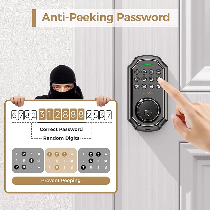 Arpha Keyless Entry Door Lock, WiFi Smart Keypad Front Door Deadbolt, Supports Amazon Alexa Voice Control, Google Assistant, Online App Control, Anti-Peeping Password, One-Time Code, Auto Lock