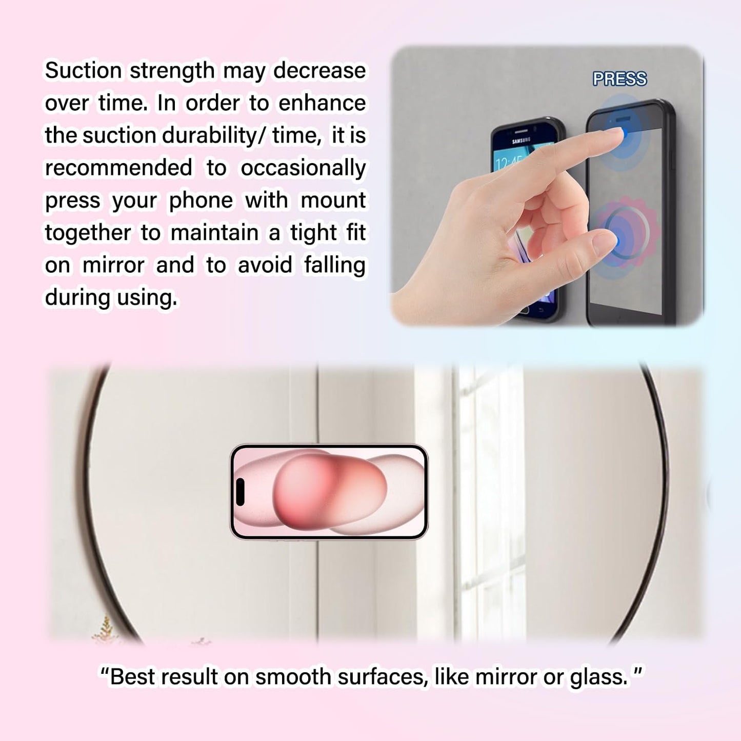 (3 Pack) Double Sided Silicone Suction Cup Phone Case Mount, Hands-Free Silicon Phone Grip with Higher Suction Power for Selfies and Videos, Non Slip Phone Accessories, Pink