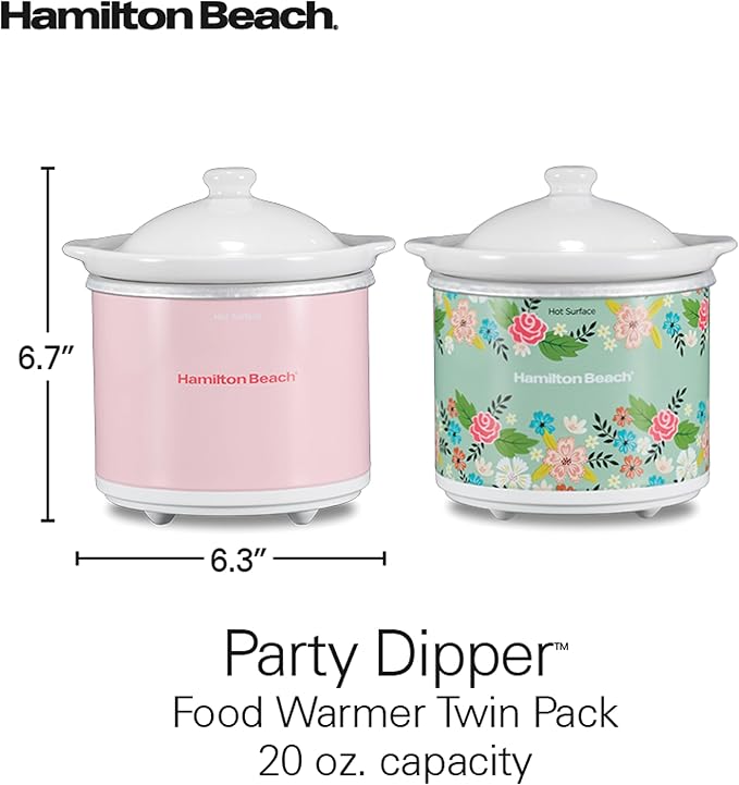 Hamilton Beach Party Dipper Electric Food Warmer Twin Pack, Great for Entertaining and Gifts, 20 oz. Capacity, For Desserts, Dips, Sauces, Cheeses, Solid Pink and Colorful Floral Print (33102)