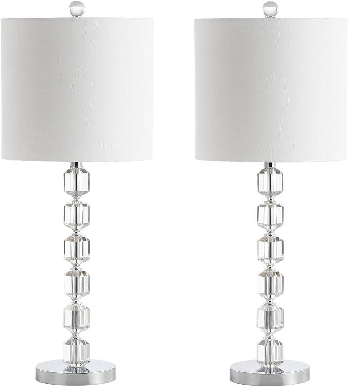 JONATHAN Y 27.5" Chrome Modern Stacked Crystal Table Lamp Set of 2 for Living Room Bedroom, Glam Bedside Nightstand Lamps, White Linen Shade, LED Bulbs Included, UL Listed JYL5053A-SET2