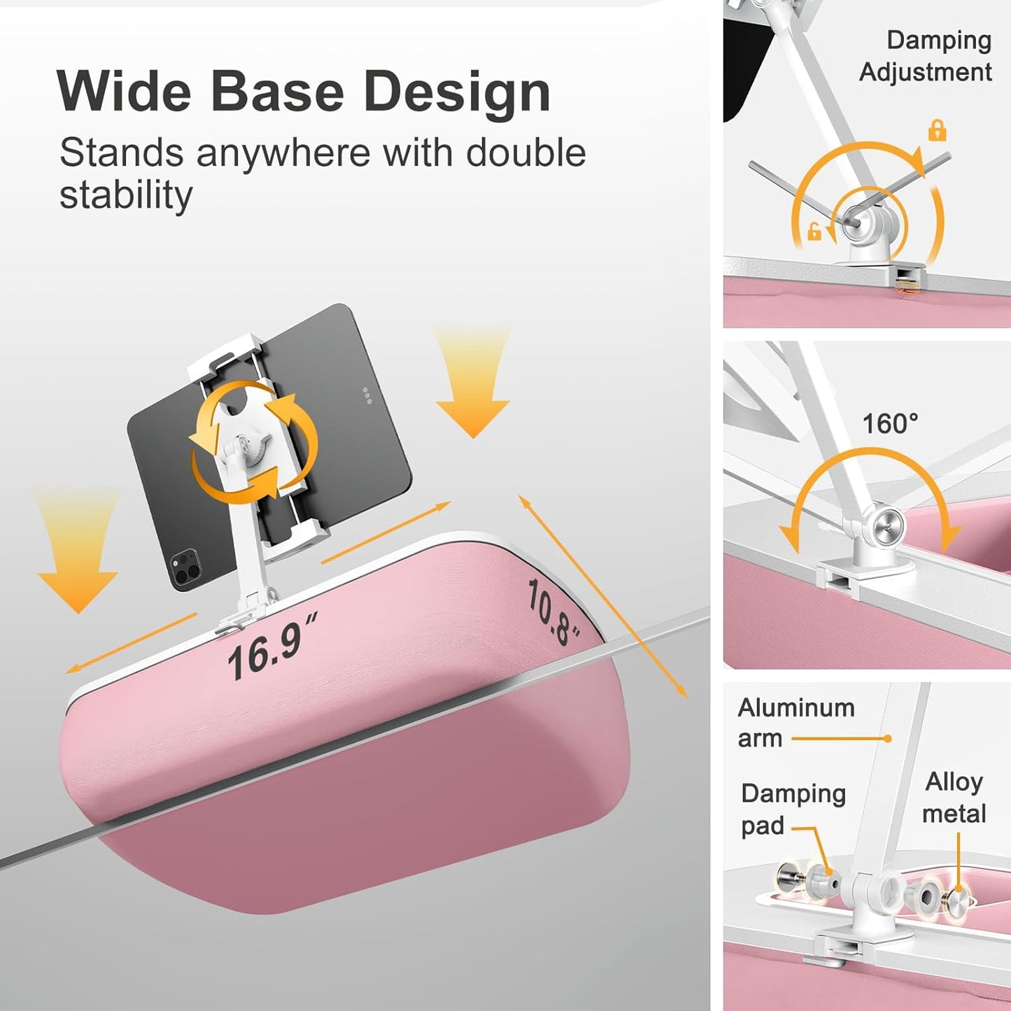 Lap Beanbag Tablet Pillow Stand with Snack Bowl and 360° Rotating Arm, Adjustable iPad Holder for Bed, Couch, and Recliner, Compatible with 4.7"-13" Kindle, iPad, Tablet, Phone,Pink