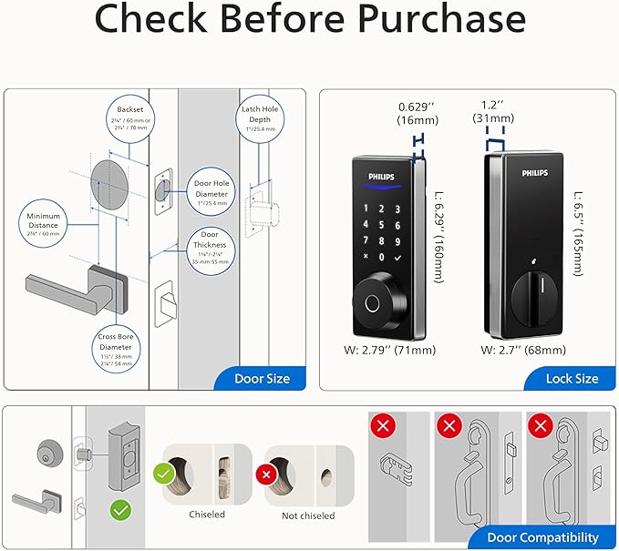 Philips Wi-Fi Smart Door Lock, Keyless Entry Door Lock with App Control,Fingerprint ID,Auto Lock,Keypad Deadbolt with Wi-Fi Bridge Adaptor,Smart Locks for Front Door-Satin Nickel