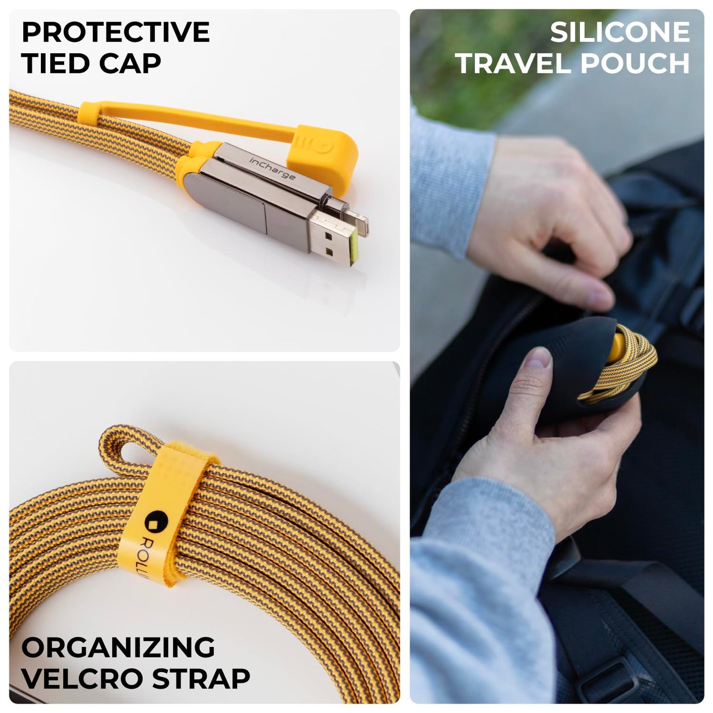 Rolling Square InCharge XL 300cm - USB C Charger Cable, Lightning Cable for Smartphone, Universal Cable Charger 6 in 1, USB Plug, Yellow, 100W