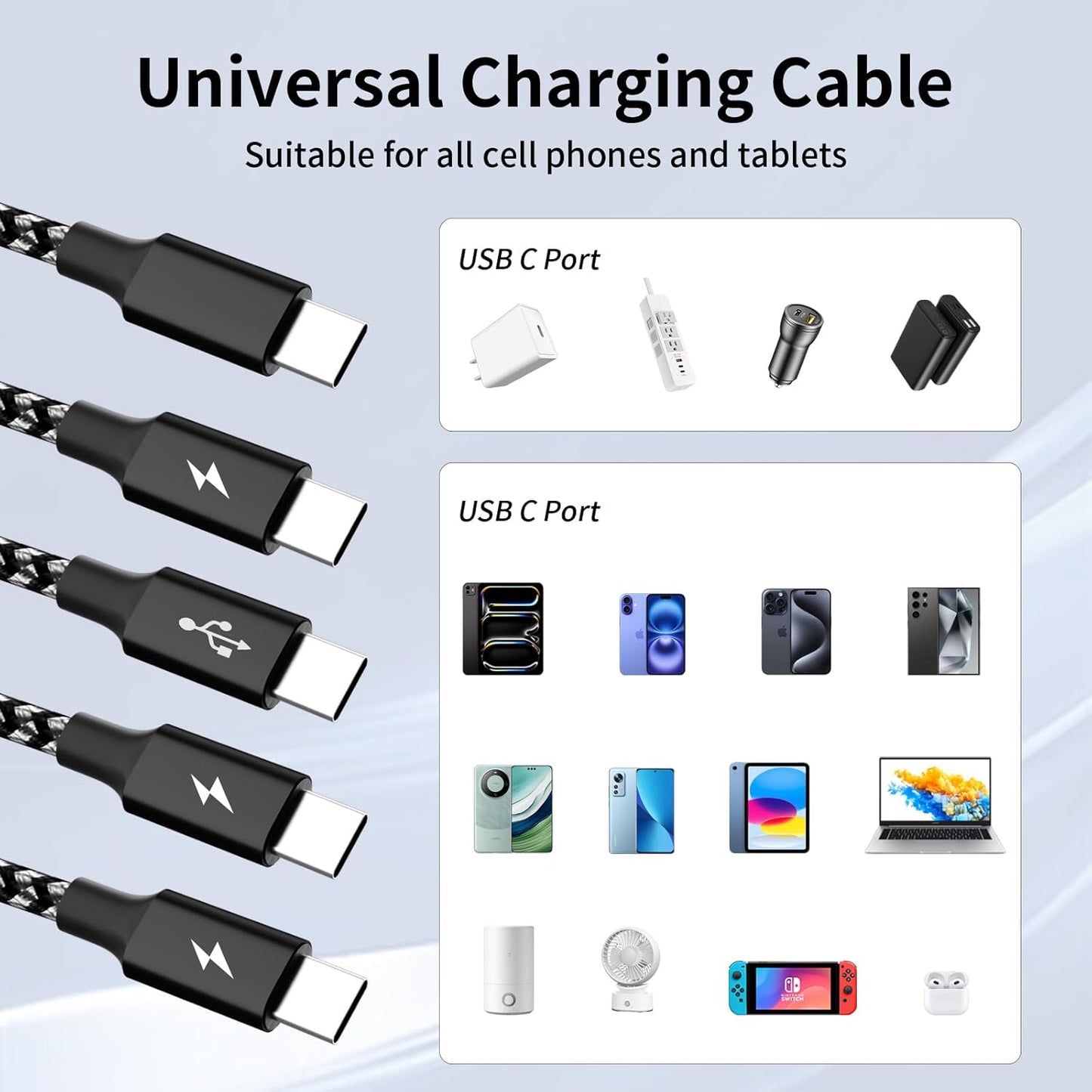 USB C Splitter Multi Charging Cable, Dual Type C Charger Cord,4 in 1 Multiple Nylon Braided Cable with 4 Type-C Connectors Compatible with iPhone 15 Pro Max/Samsung Galaxy/Tablets/Google-1Pack 5FT.